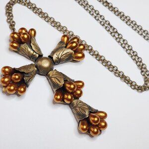 Vintage Bronze Cross Pendant Necklace Amber Glass Teardrops Ornate Floral Sturdy